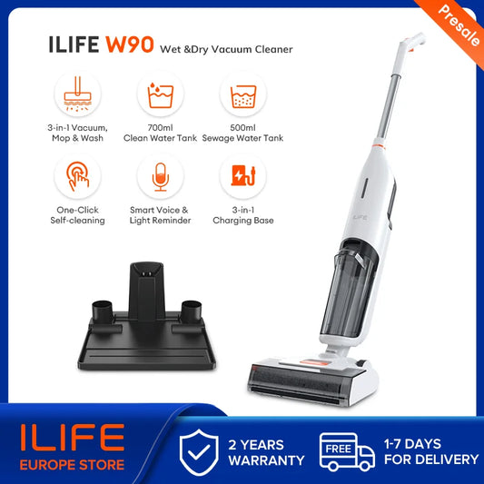 ILIFE W90 Cordless Wireless Wet Dry Smart Mop Washing , 5500Pa Suction, 1 Min Self Cleaning, Large Dual Water Tank